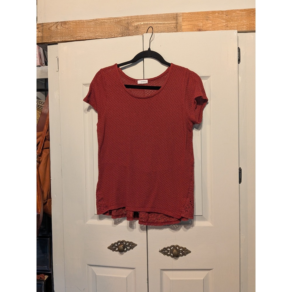 Eyeshadow Womens Rust Red Lace Peplum Back Knit Short Sleeve Top J73569CEPSH